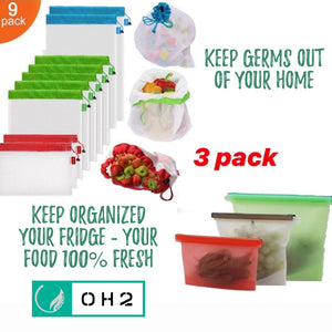Silicone and Mesh produce bags Reusable Food Storage 12 pack - Set of 3 Silicone Bags and 9 Produce Bags
