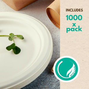 9 inch Disposable Plates for Party. Bagasse Compostable Plates. Paper Plates Bulk. Package contains 1000 Biodegradable Plates.