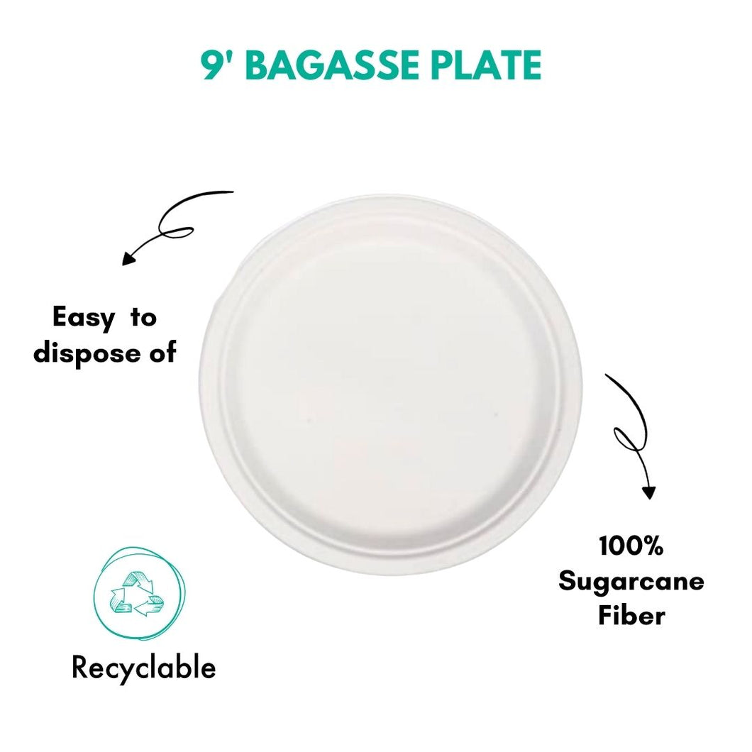 9 inch Disposable Plates for Party. Bagasse Compostable Plates. Paper Plates Bulk. Package contains 1000 Biodegradable Plates.