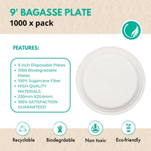 Load image into Gallery viewer, 9 inch Disposable Plates for Party. Bagasse Compostable Plates. Paper Plates Bulk. Package contains 1000 Biodegradable Plates.
